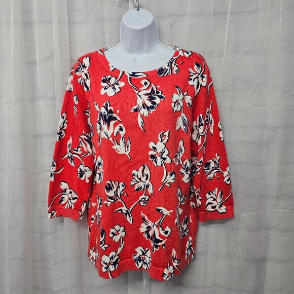 Lands' End Red Blue Tropical Floral Sweater Beach Cotton Summer M - Picture 1 of 11